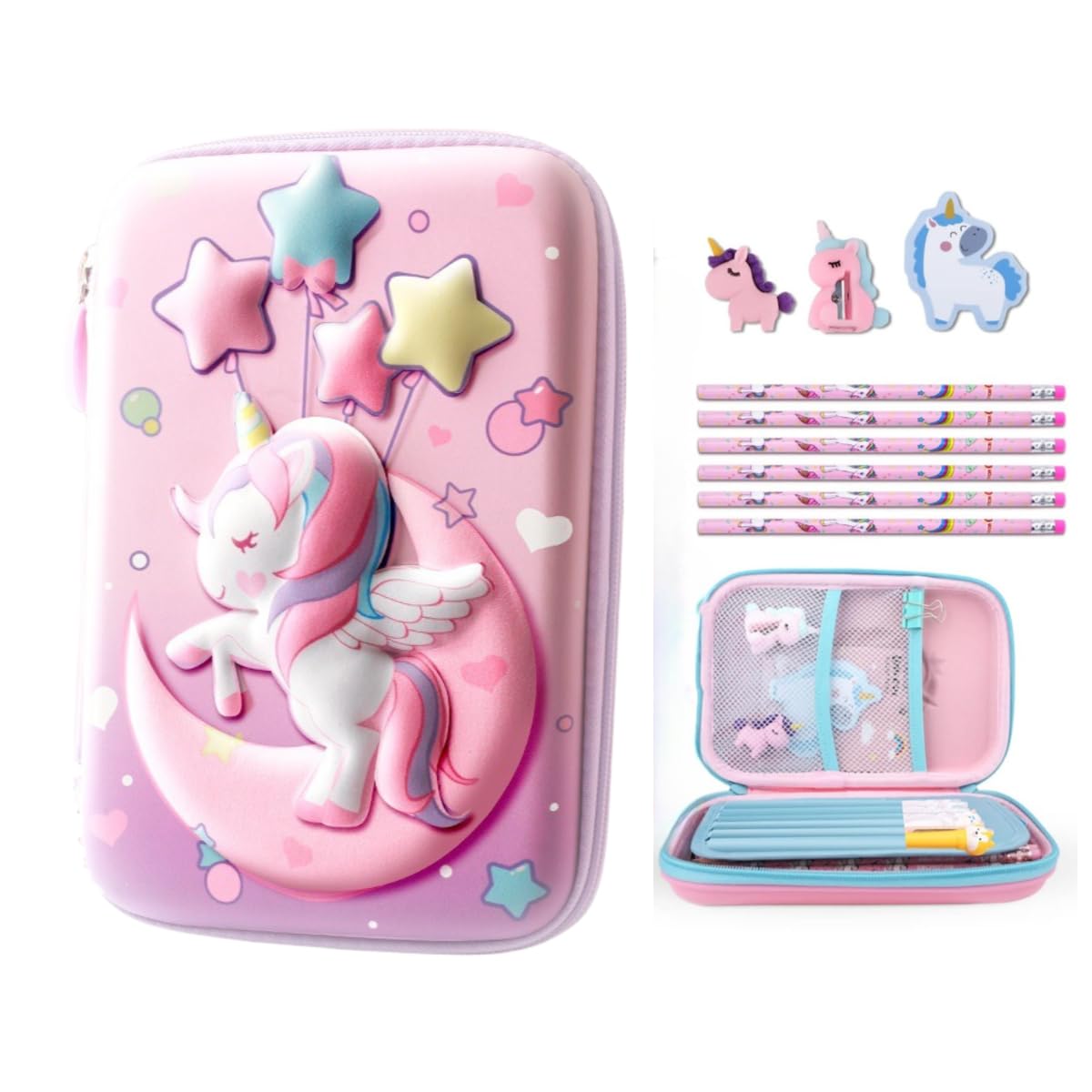 CoolchicPencil Case for Girls,Cute Unicorn Stationary Set for Kids,3D EVA School Large Capacity Pencil Pen Box with Compartment,School Supplies, Back to School Gifts for Kids,Pink (Unicorn 1)
