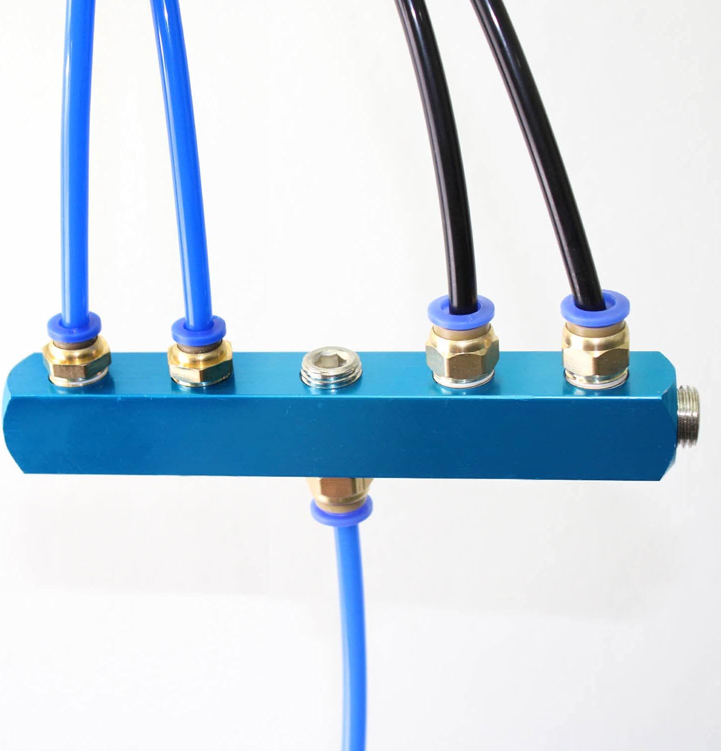 SRJQXH 1/4" Air Manifold, 5 Way 8 Ports Air Hose Manifold Block with 3 Pcs 8mm and 2 Pcs 6mm Pneumatic Connectors - Image 4