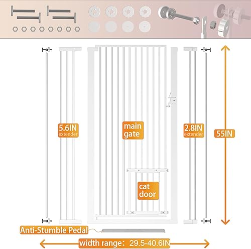 Miniatura 5 de Puerta extra alta para gatos de 55.11 pulgadas, 29.5-40.6 pulgadas de ancho, puerta para mascotas con puertas para gatos, kit de montaje a presión