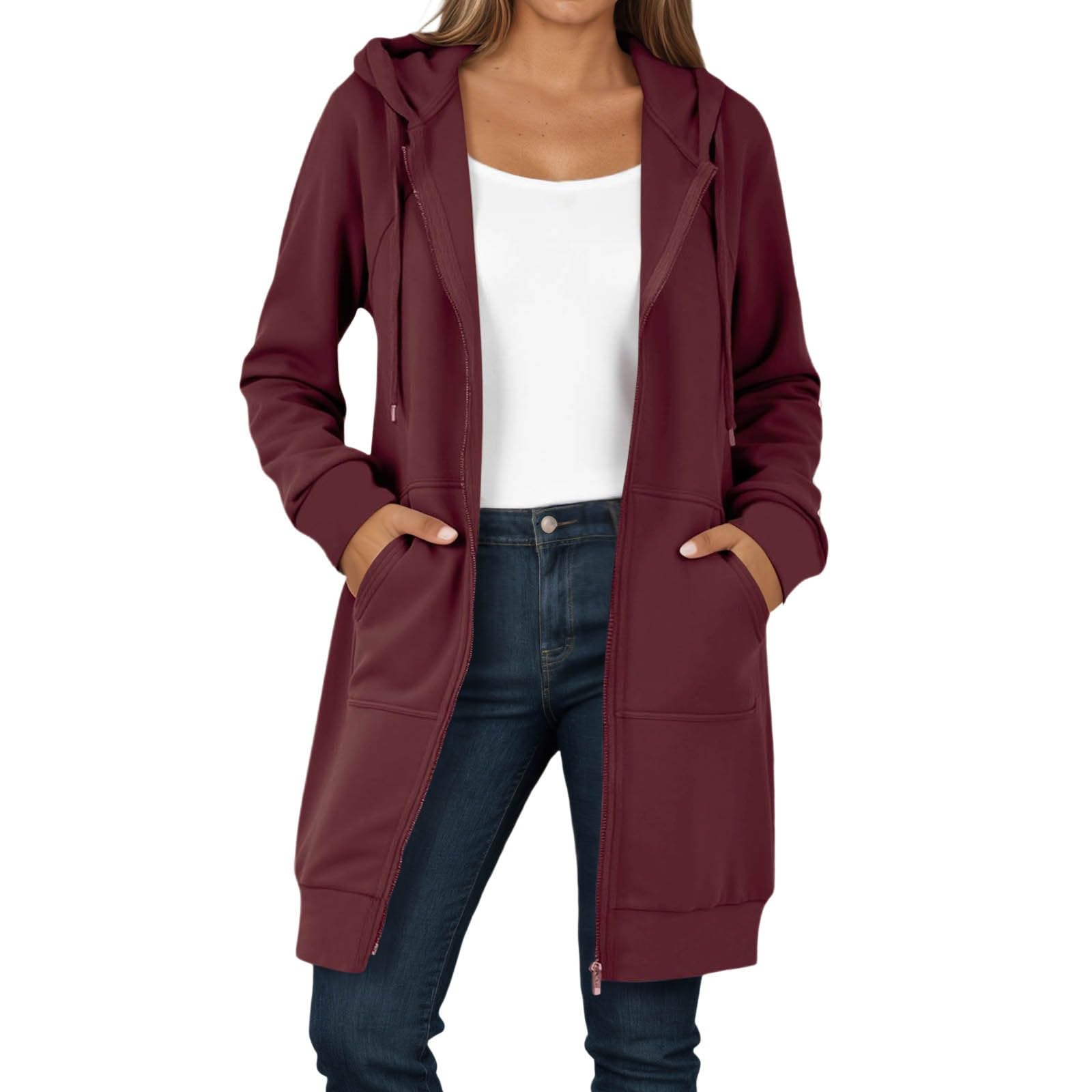Sweat Long à Capuche Zippé Femme Manteau Automne Hiver Chaud Sweatshirt Uni Rétro Veste Manches Longues Légère Décontractée Pull Comfortable avec Poches Hoodies