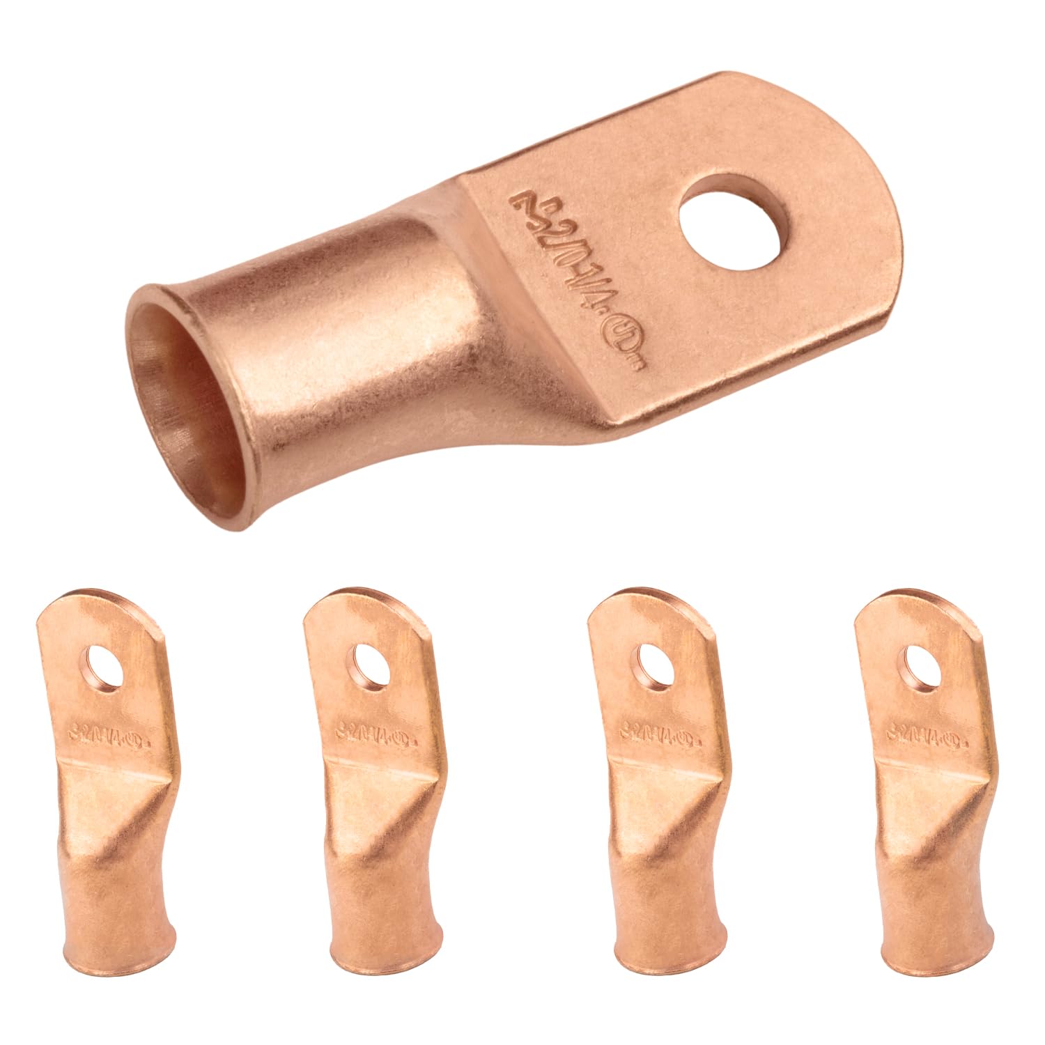 SELTERM 2/0 AWG (70 mm²) - 1/4" (M6) ⌀ Hole UL Heavy Duty Wire Lugs, Battery Cable Ends, Bare Copper Eyelets, Tubular Ring Terminal Connectors [B75] - 5 Pack — image 1