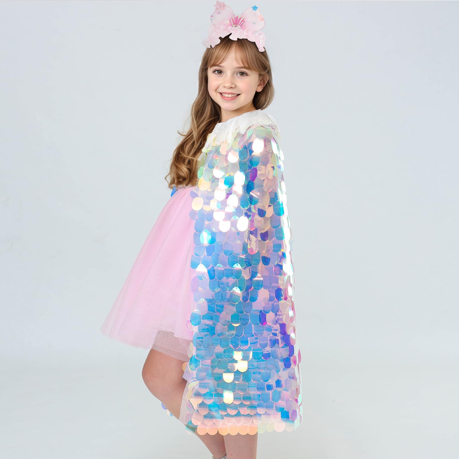 YOOCHUENG Sequin Cape Set for Girls 3-8 Years,Colorful Princess Costumes Shiny Cloak Fancy Dress Up with Accessories for Role Play Birthday Halloween Party Large Oval Sequins - Image 2