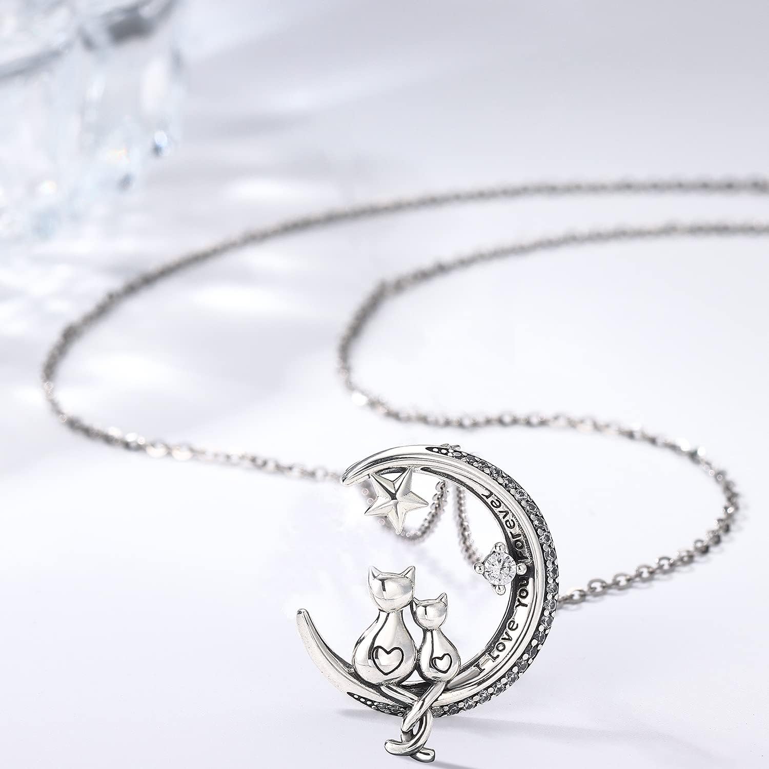 Odinstone Cat Necklace, S925 Sterling Silver Cat on Moon Pendant with Cubic Zirconia, Cat Jewelry Mothers Day Gifts for Mum with Gift Package - I Love You Forever