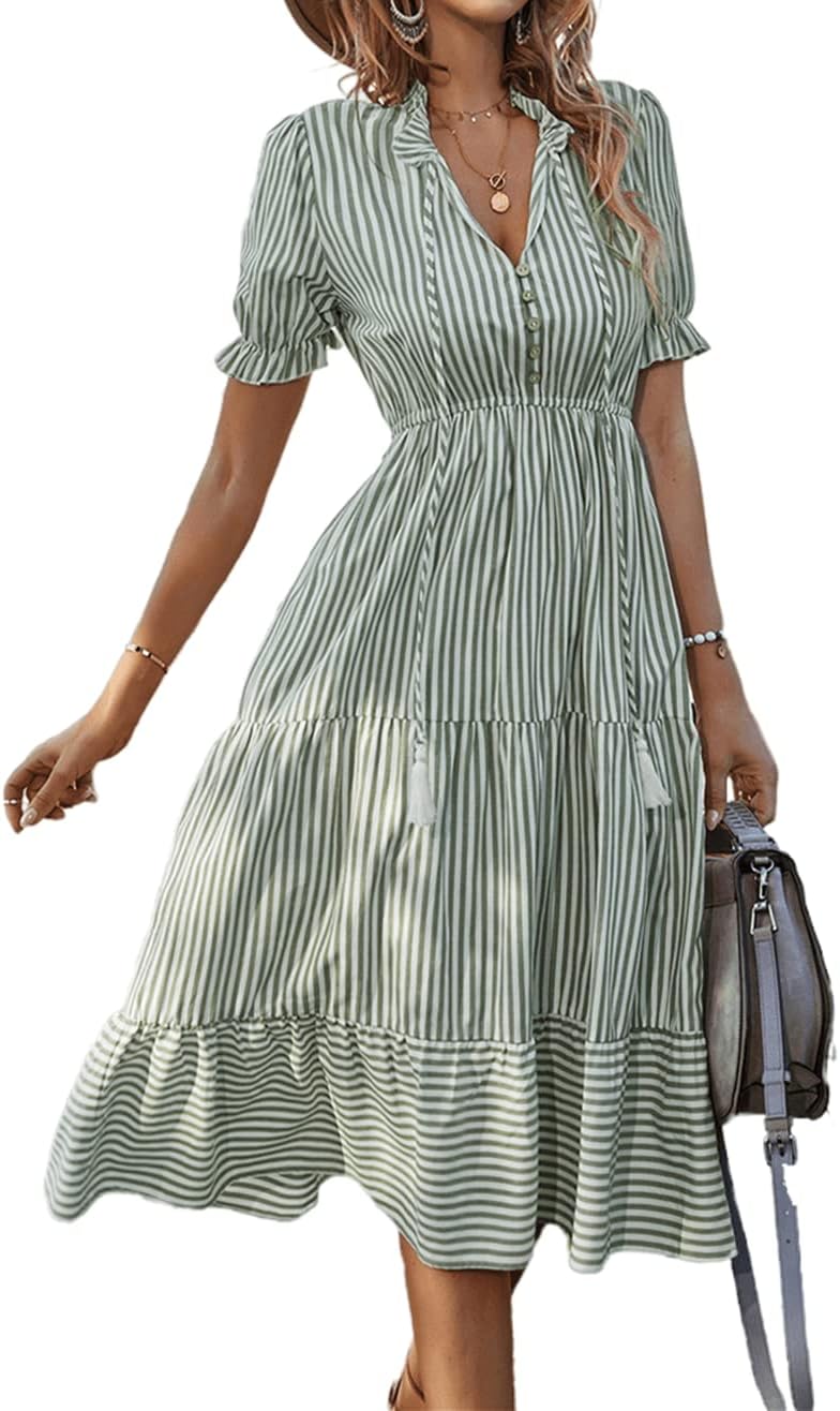 Shirt Dress for Women, Sleeveless V-Neck Striped Midi Dress, Pleated Ruffle Casual Button-Down Dress