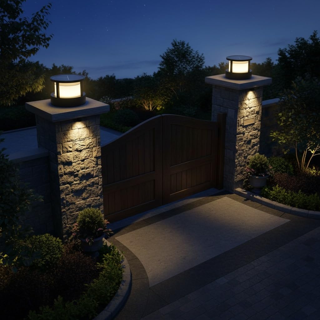 Luces de Pilar para Exteriores, Luces solares para Postes, Modernas y Sencillas lámparas de Pilar Redondas, Luces LED de Aluminio para Puertas, porches, Patios, césped, terrazas, v