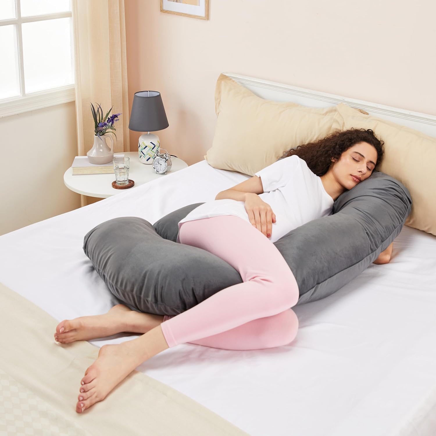 Amazon basics Full Body J-Shaped Pregnancy Pillow for Maternity & Baby Nursing | Abdomen, Hip, Spine, Neck & Head Support Cushion Velvet Outer Cover with Zip (Grey) (B0D7S3HGMF) Amazon Price History, Amazon Price Tracker