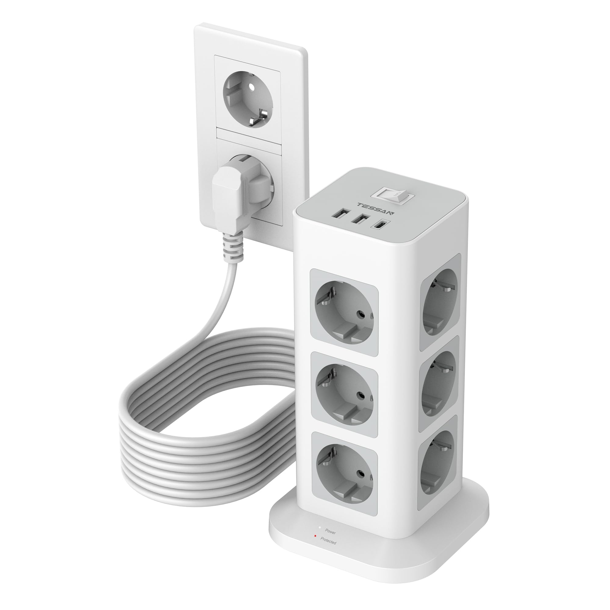 TESSAN Regletas Enchufes con 1 USB C y 2 USB A, regleta 12 enchufes, 10M | Proteccion Sobretension, Interruptor Individual, 15 en 1 Torre Multiple 3600W, Gris, Alargador 10M