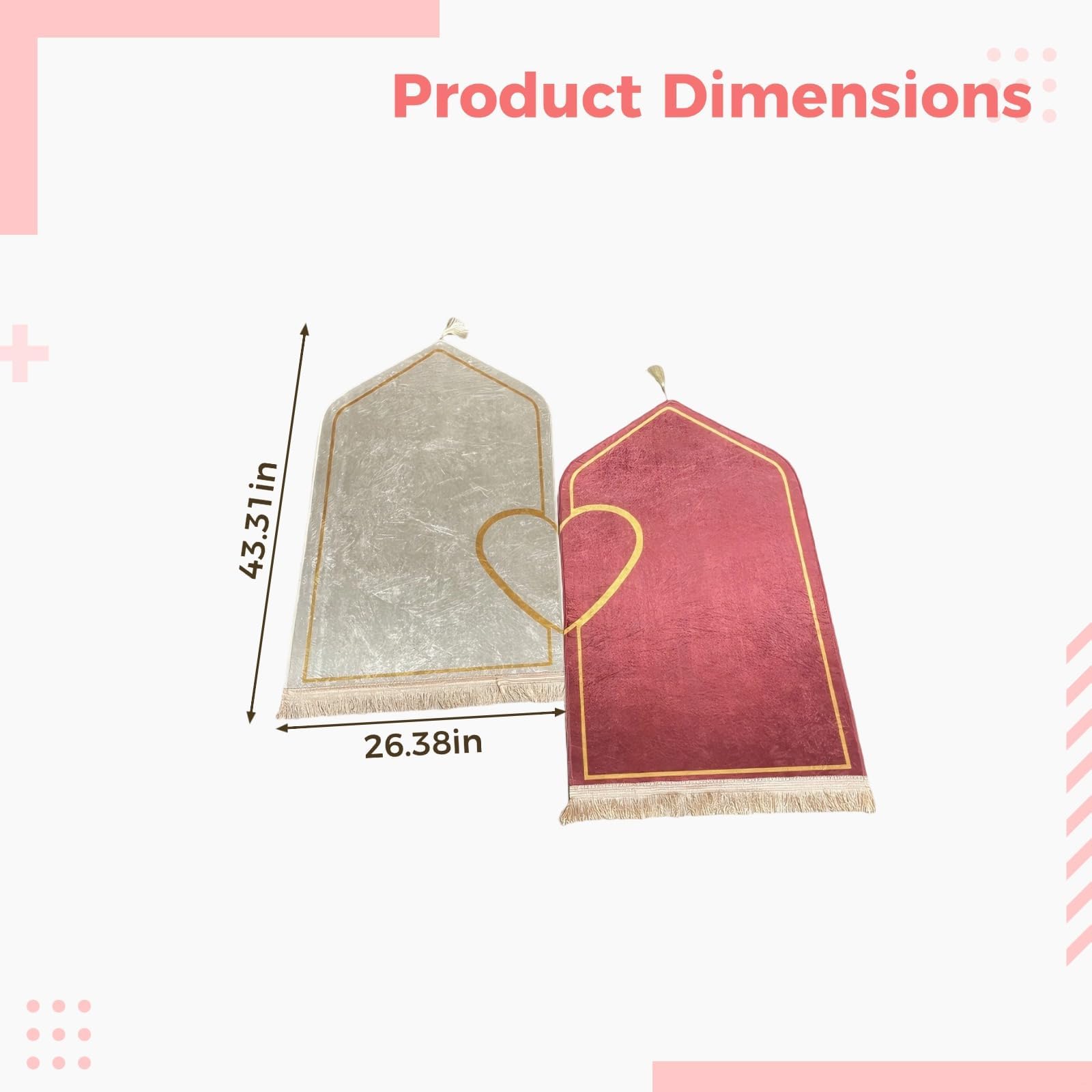 Lot de 2 tapis de prière pour couples - Motif cœur - 67,1 x 110 cm - Doux et antidérapant - Cadeau islamique parfait pour décoration de chambre à coucher et salon