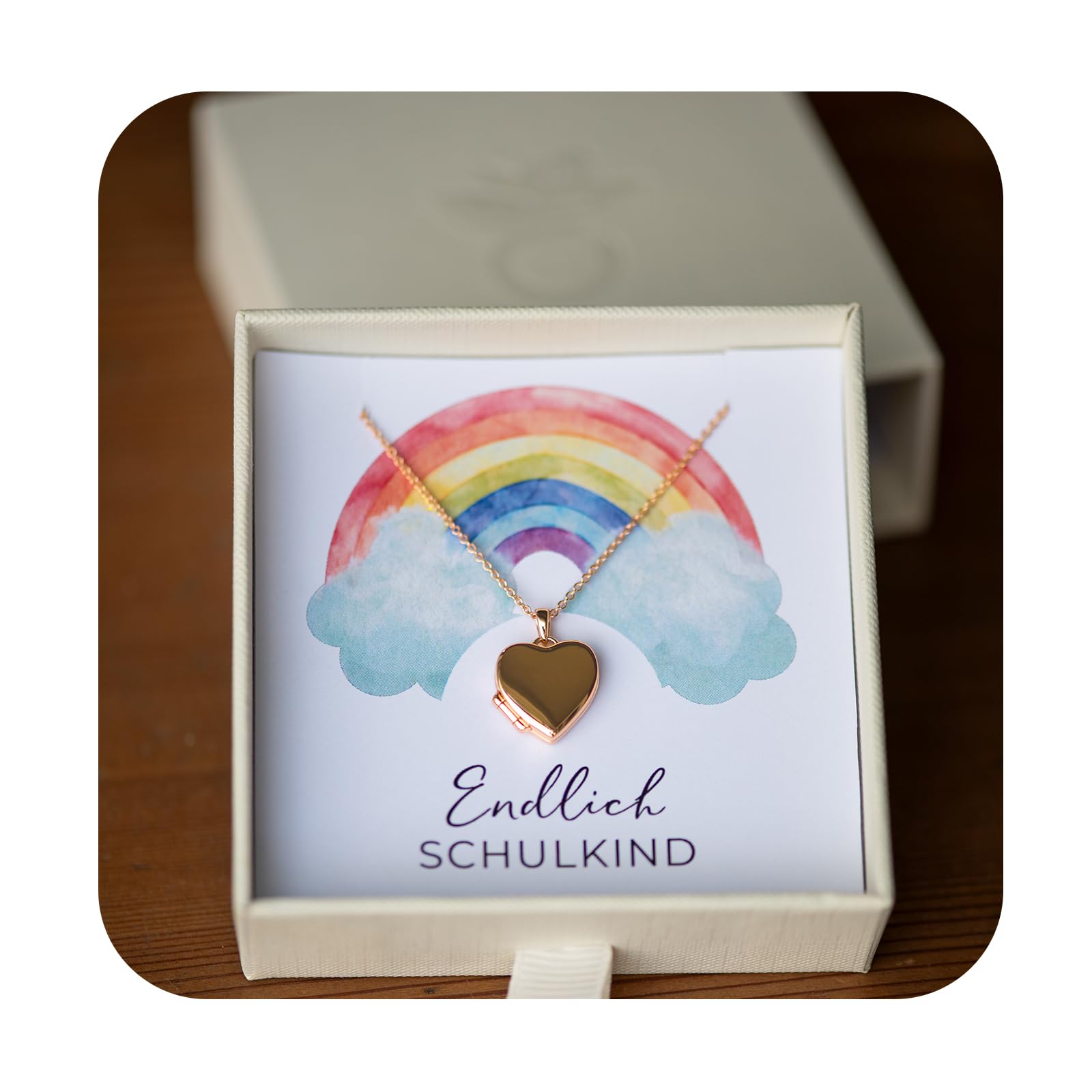 Geschenk zur Einschulung Mädchen, Kinder Herz Medaillon zum Öffnen | für Bilder Silber 925 und Gold / Rosegold vergoldet, Halskette 38cm, Foto Upload & Gravur, Schmuck Geschenke zum Schulanfang