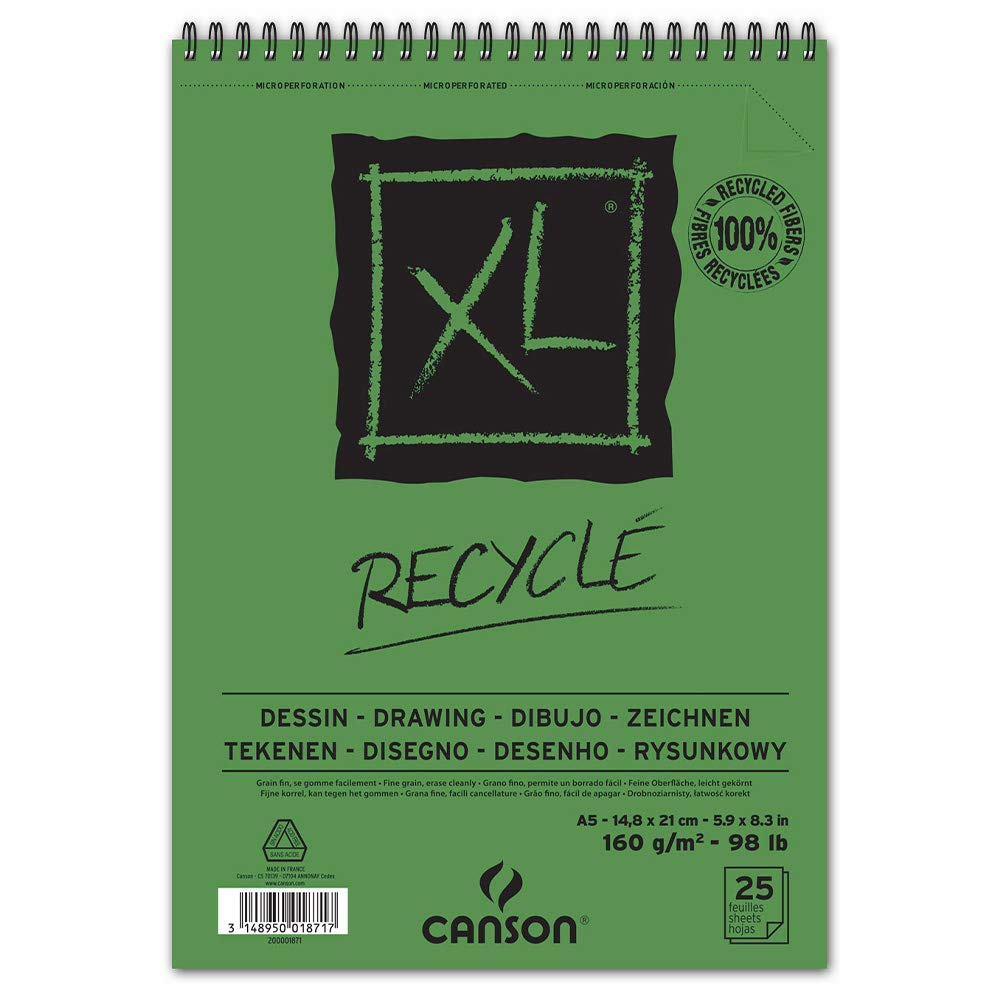 Canson XL, Papel de dibujo reciclado, Grano atenuado Fino, 160g, Espiralados sobre el lado corto, A5-14,8x21cm, Blanco, 30 Hojas