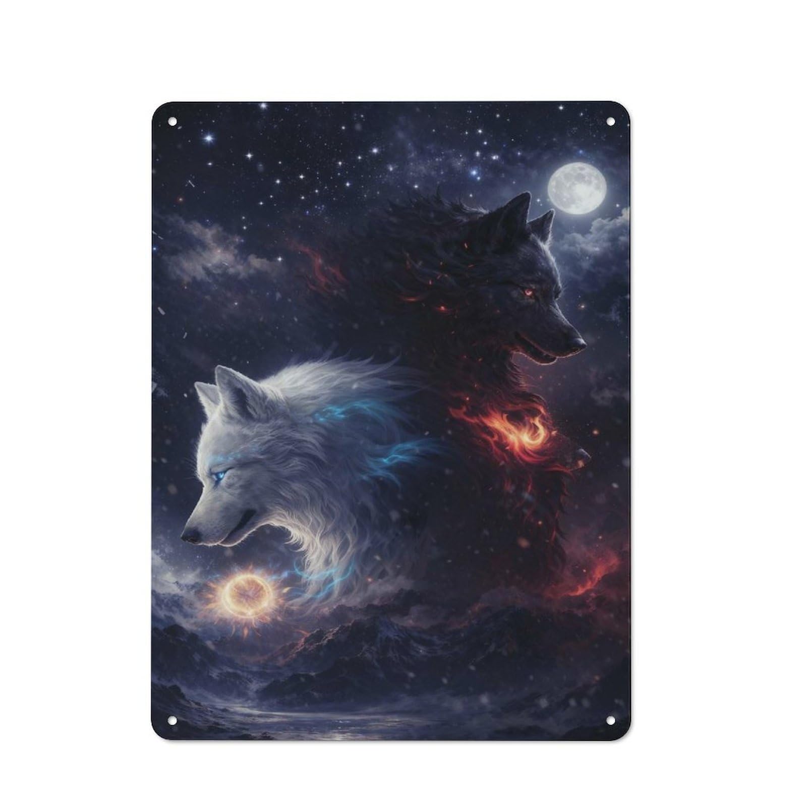 Yin Yang Wolves Night And Day Understated Metal Wall Decor 40x30cm, Office Metal Sign for Office, Study, Studio Or Hallway