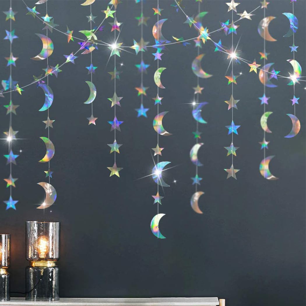 Abien Iridescent Moon Star Garland Decorations Holographic Hanging Stars Garlands Twinkle Star Moon Streamers Bunting Banner for Baby Shower Birthday Wedding Engagement Disco Party Decorations 4PCS