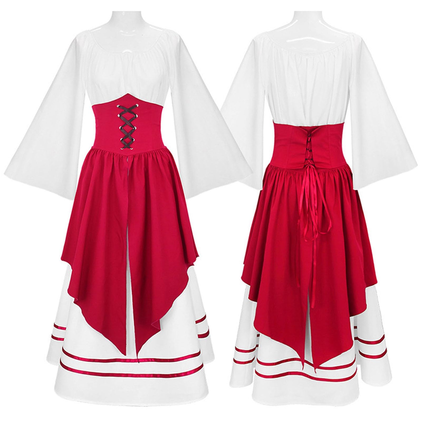 Generisch Disfraz de corsé de dos piezas para mujer, vestido renacentista con mangas trompeta, gótico, retro, para mujer, elegante, cosplay, vestido de noche para eventos y celebraciones