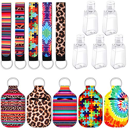 10 Pieces Keychain Holders Set, Chapstick Holder Keychains, Wristlet Keychains with 5 Pieces 30 ml Empty Plastic Bottles Refillable Travel Size Bottles for Outdoor Travelling Supplies