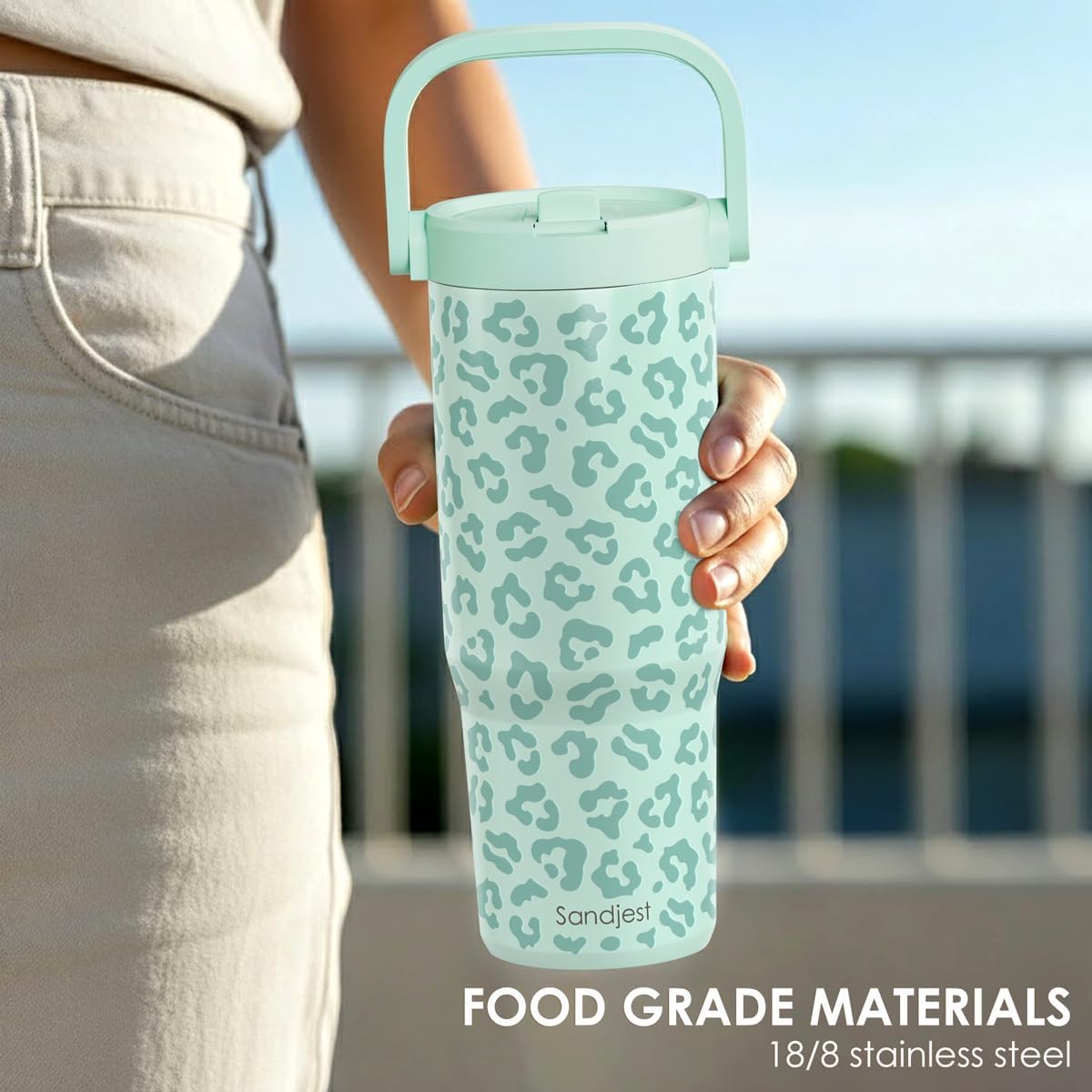 SANDJEST Leopard Skin Stainless Steel Straw Lid Tumbler 30oz with Carry Handle for Women Girls, Insulated Travel Coffee Cup, Gift for Sports Outdoor Workout Christmas Birthday (Mint) - Image 6