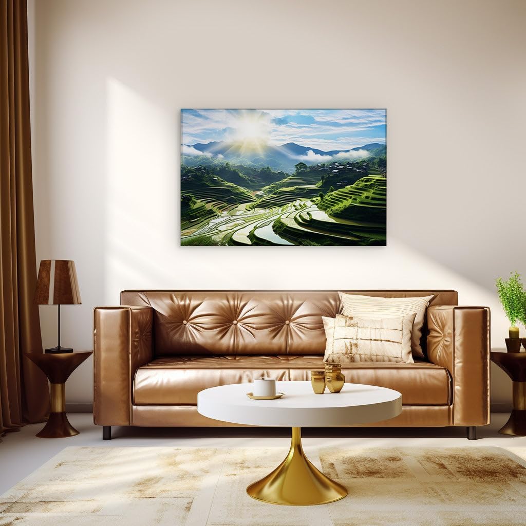 Canvas for Living room. Dawn's Serenity: An Ode to the Picturesque Green Terraces, 27 x 18 inch Canvas Wall Art - Ready to Hang
