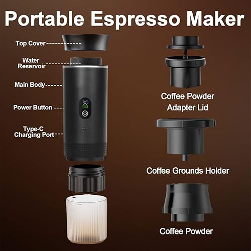 Miniatura 5 de Cafetera portátil 3 en 1 para viajes, mini cafetera de 20 bares, compatible con café molido y cápsulas para automóvil, RV, senderismo, campamento,