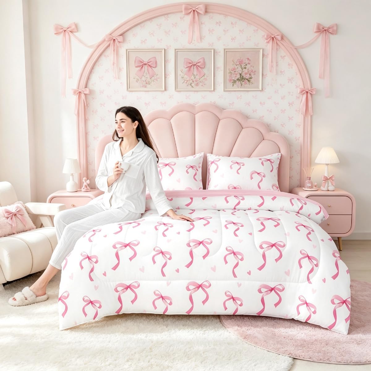 Kawaii Bowknot Comforter Set with Sheets 7 Piece Full Size Pink Bow Bed in a Bag Kids Boys Girls Cute Red Love Heart Printed Bedding Set Bedroom Decor Breathable Soft Lightweight Microfiber