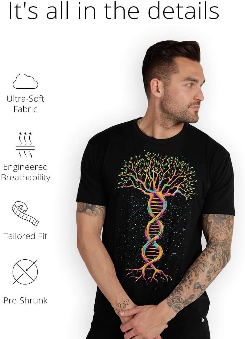 INTO THE AM Fractal Wonderland Glow in The Dark Mens Graphic Tee - Cool Novelty Design Crewneck T Shirts for Guys (Black, Small)