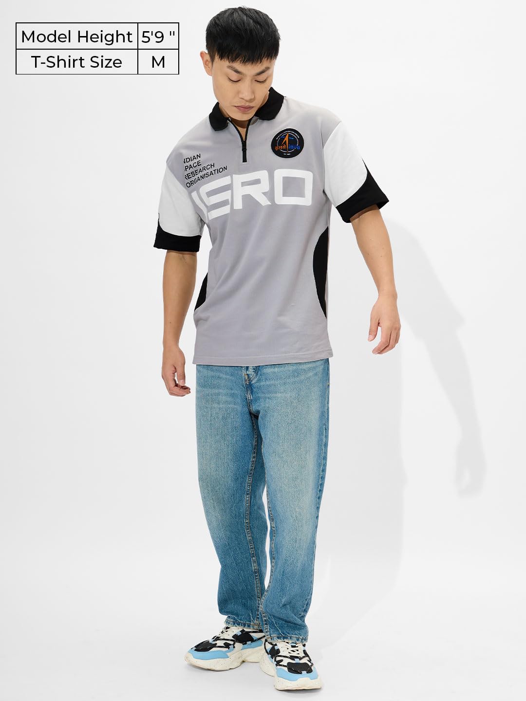 The Souled Store ISRO: Mission to The Moon Hombres y Niños Manga Corta Cuello Gris Gráficos Impreso Algodón Oversize Cremallera Polo