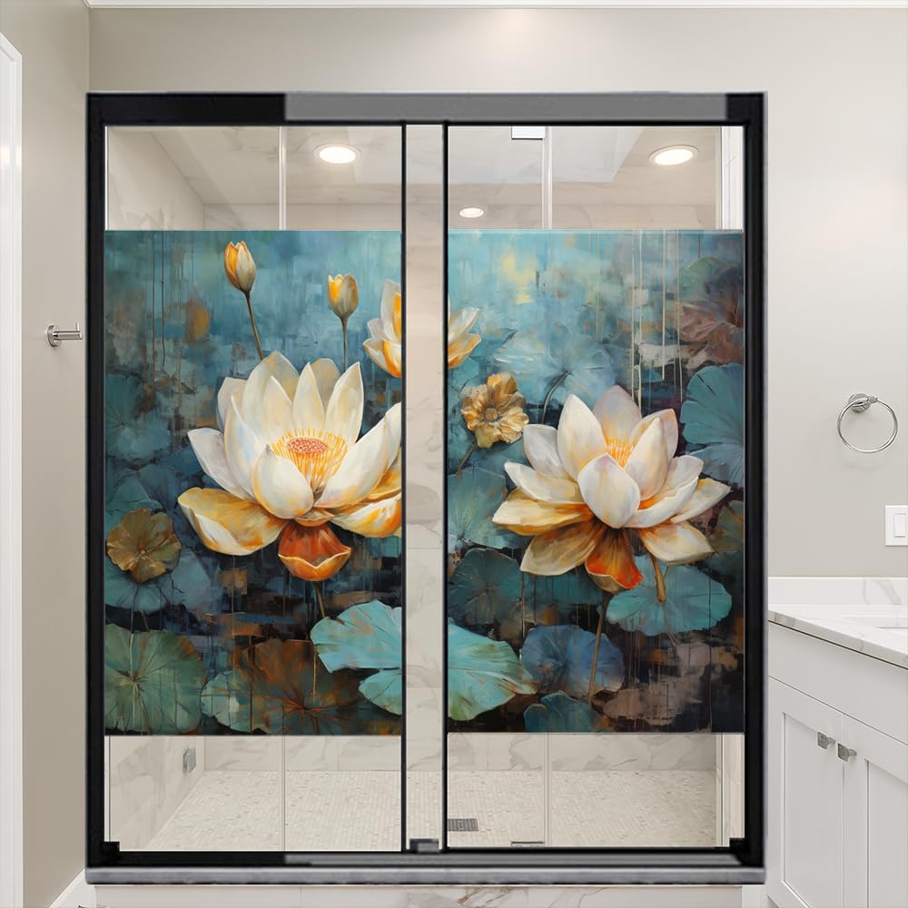 Pellicola per finestre rustica con fiore di loto in fiore, per la privacy rurale, non adesiva, decorativa, statica, per casa e ufficio, 70 x 120 cm, 2 pezzi