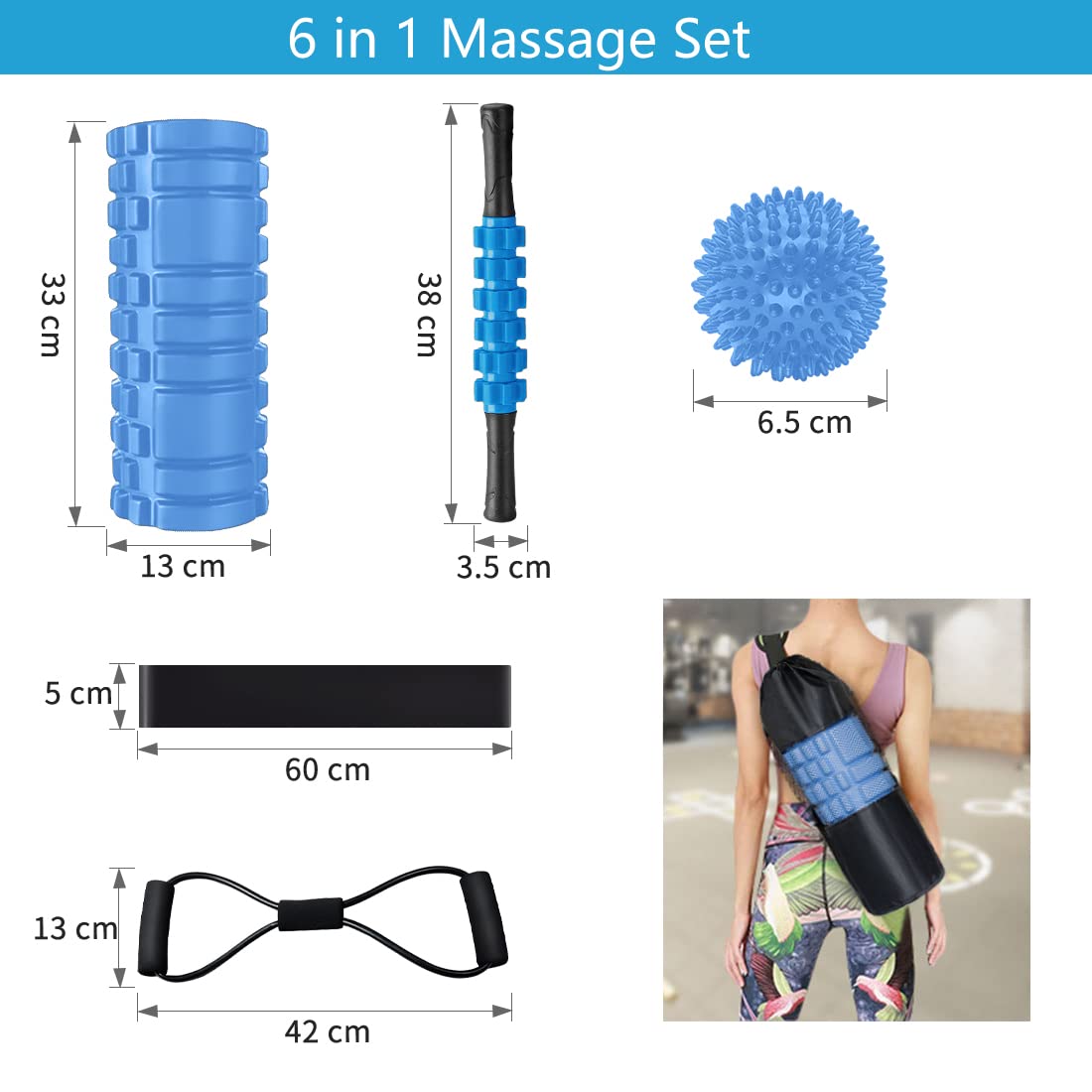 Rullo Massaggio Muscolare, Qveetry 6 in 1 Foam Roller Rullo in Schiuma Pallina Massaggiante Bastone Massaggio bande di resistenza per Stretching Yoga Pilates Rilascio Miofasciale