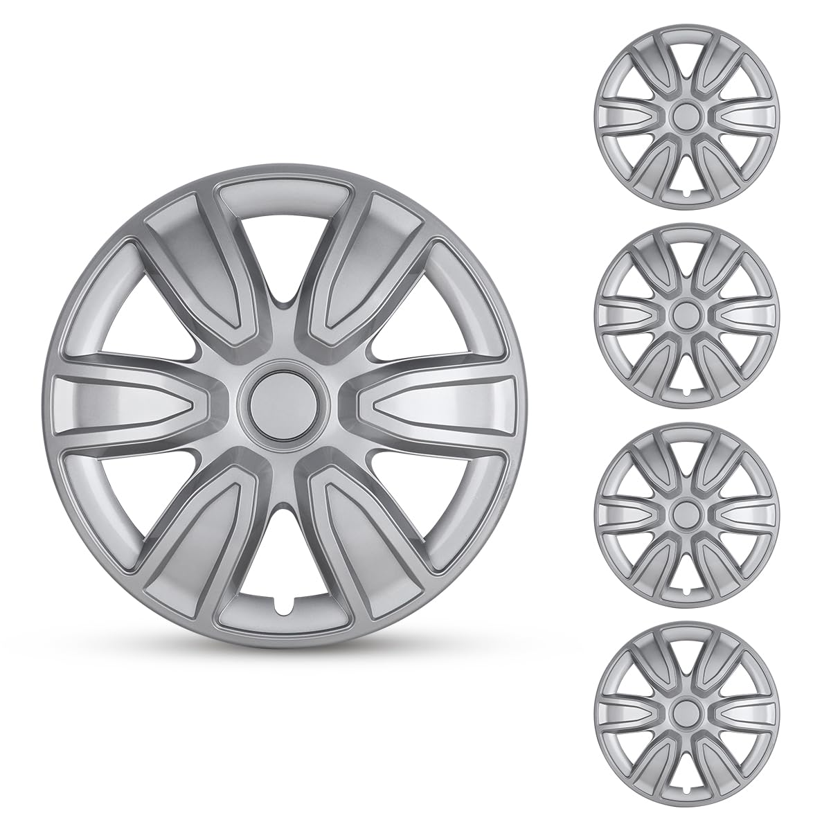 Hubcaps 15'', Wheel Rim Cover Universal R15 Hub Caps, Snap On Car Pickup Truck SUV, Wheel Covers, ABS & PC Material, Set of 4, 15-Inch, Silver Lacquer