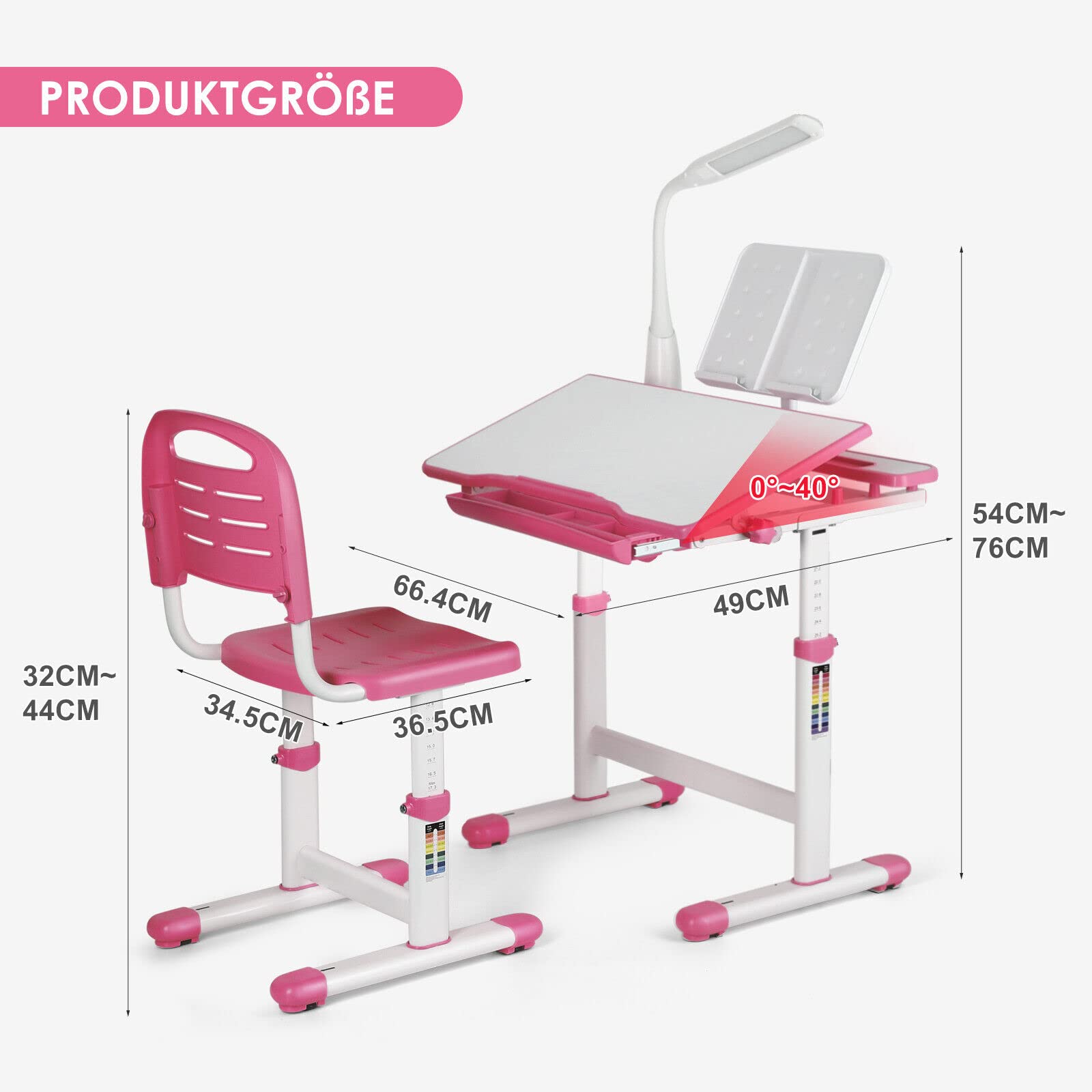 JOYLDIAS Escritorios Infantiles, Mesa Escritorio Niño Regulable en Altura con Lámpara, con Silla y Cajón, Incluye Cubo Pequeño/Rosa