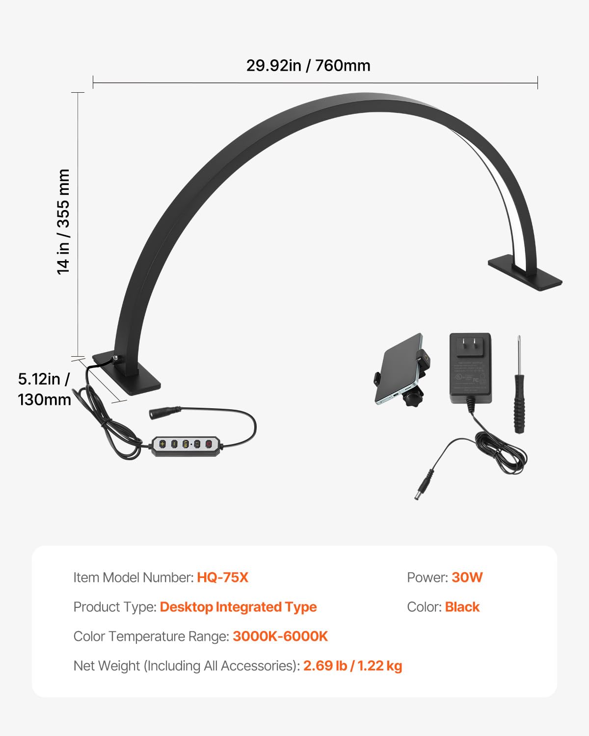 VEVOR Biurkowe światło półksiężyca do paznokci z uchwytem na telefon (30 W, 76 cm długości), lampa do paznokci z regulacją jasności, lampa stołowa LED dla techników paznokci, przedłużenie rzęs