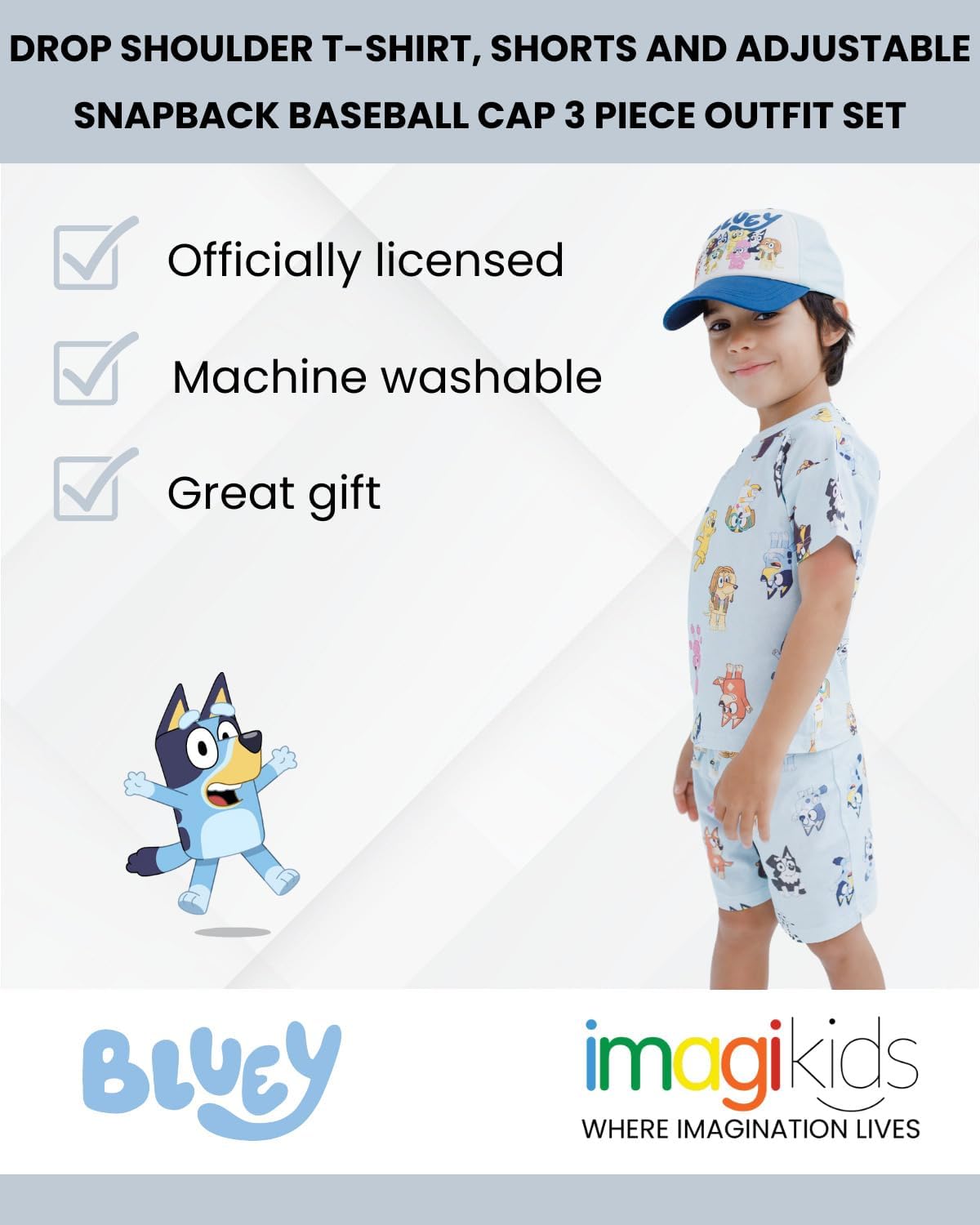 Bluey Drop Shoulder T-Shirt French Terry Shorts and Adjustable Snapback Baseball Cap 3 Piece Outfit Set Toddler to Big Kid - Image 2