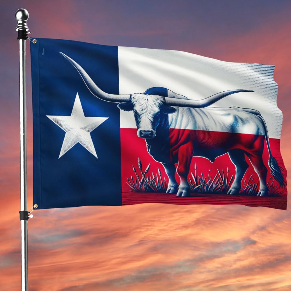 American Flag-Texas Longhorn Cattle Grommet Flag MLN2420GF, 3x5 ft., With Flagpole Mounting Rings-USA Flags Premium Polyester-Decorative Indoor Outdoor Flag