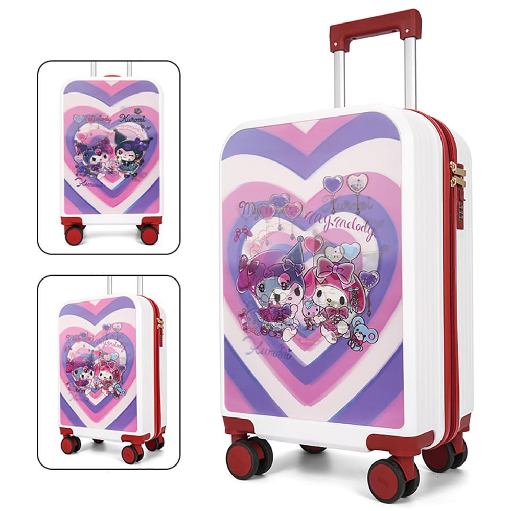 MUMOO BEARKids Rolling Luggage Case, Carry on Suitcase with Universal wheels and 3D Transform Pattern Sticker for Girls Boys, Large Capacity Trolley Case with for School Outdoor Travel (White Kuromi)