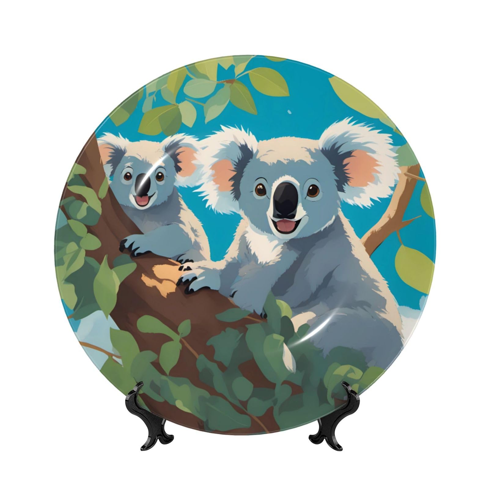SXZVVBN Two happy koalas Bone China Decorative Plate Art with Stand Removable Adhesive Hanging for Home Office 7in