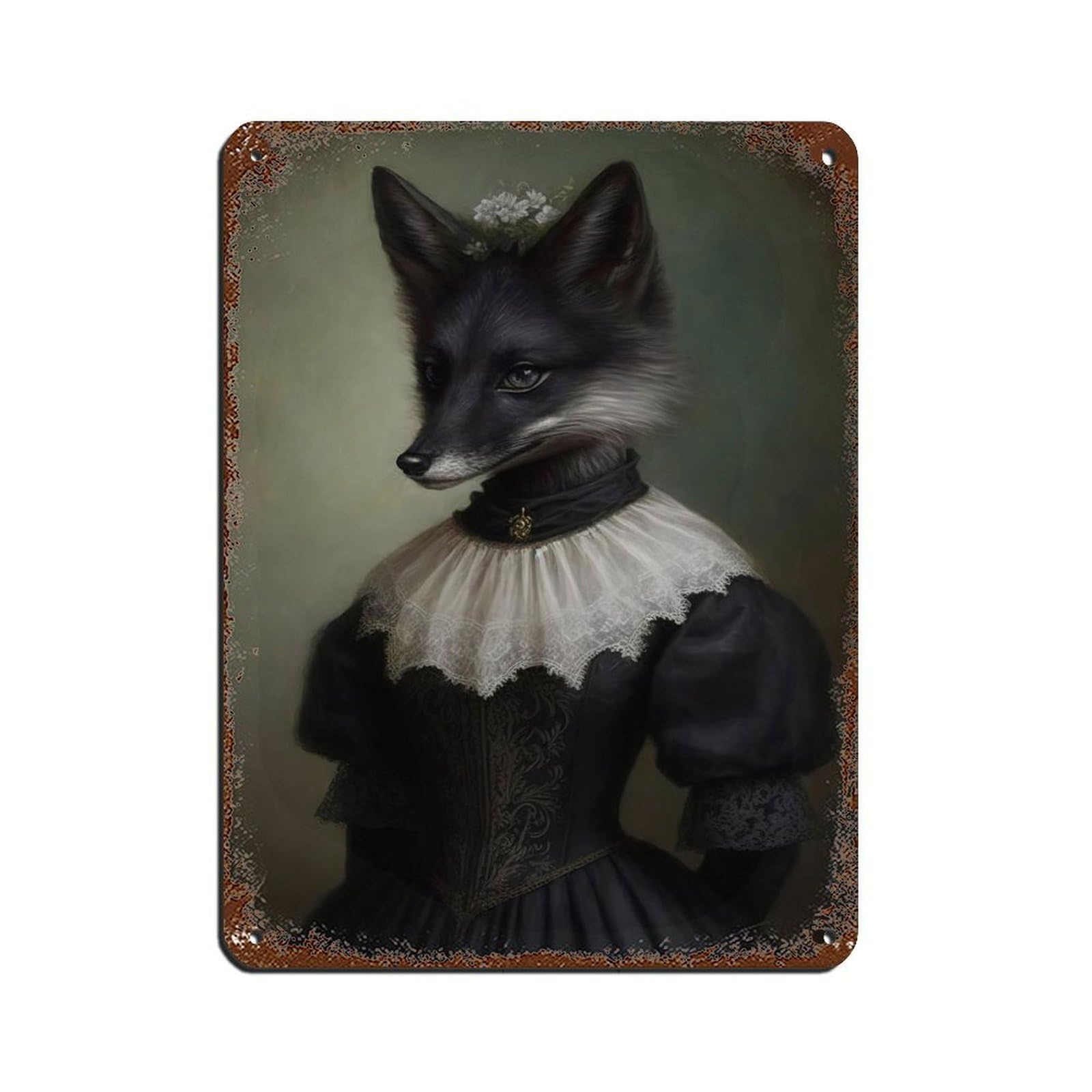 Gothic Black Fox in Dress Tin Sign Vintage Metal Pub Club Cafe Bar Home Wall Art Decoration Poster Retro 12x16inch(30x40cm)