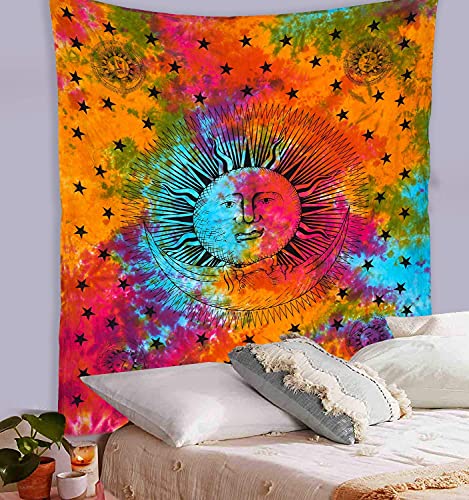 Anjaniya Tie Dye Mandala Tapestry, Celestial Sun Moon Star Planet Bohemian Tapestry Tarot, Wall Hanging Boho Tapestry For Room, Hippie Beach Coverlet Curtain (Rainbow, 54"X60") #TOP1