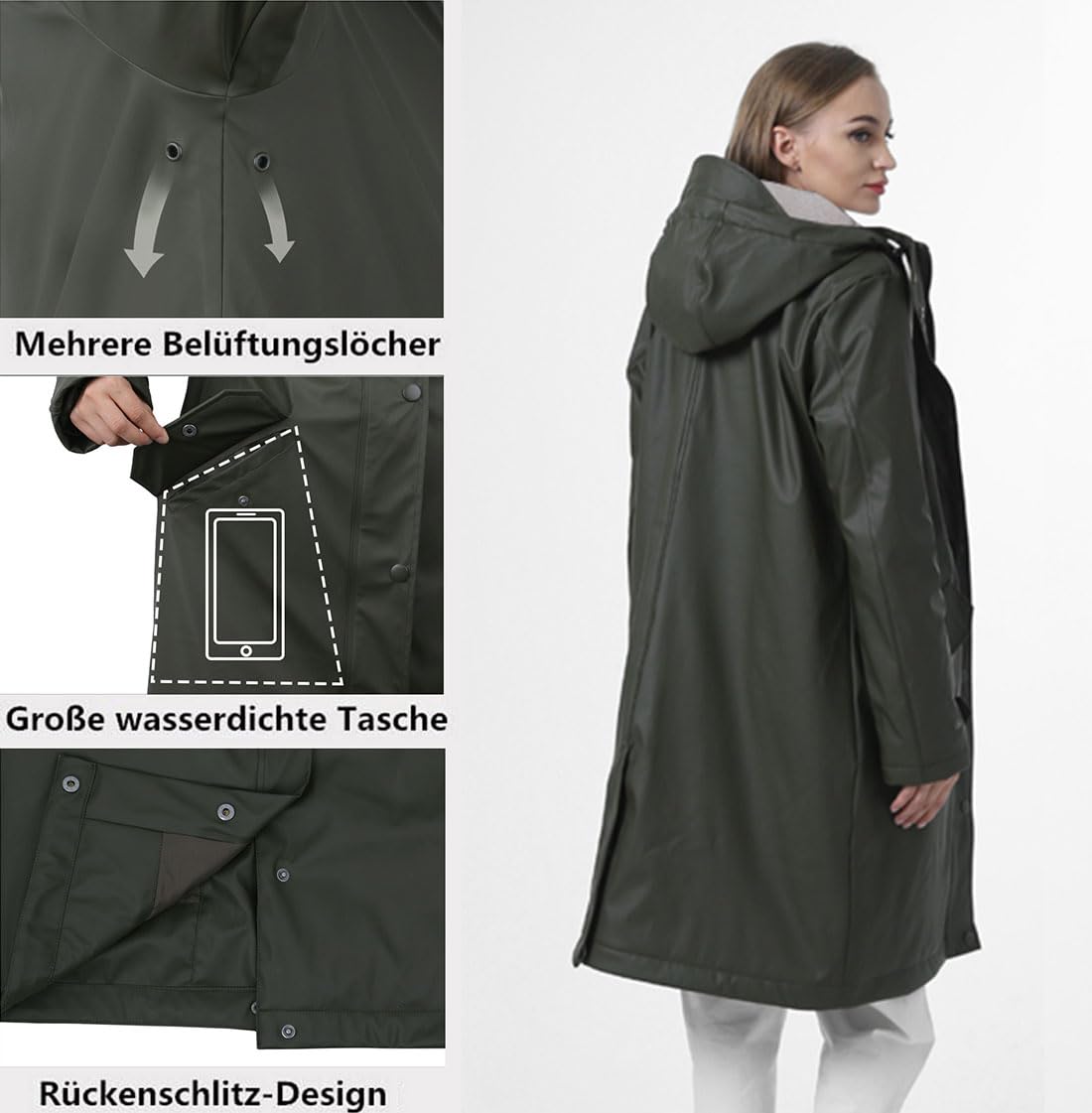 rhythm of the rain Regenmantel Damen wasserdicht Regenjacke gefüttert warm | Winterjacke, Wintermantel knielang, Friesennerz mit Kapuze, Herbst Winter winddicht warm, 2-Wege-Reißverschluss, Fahrrad