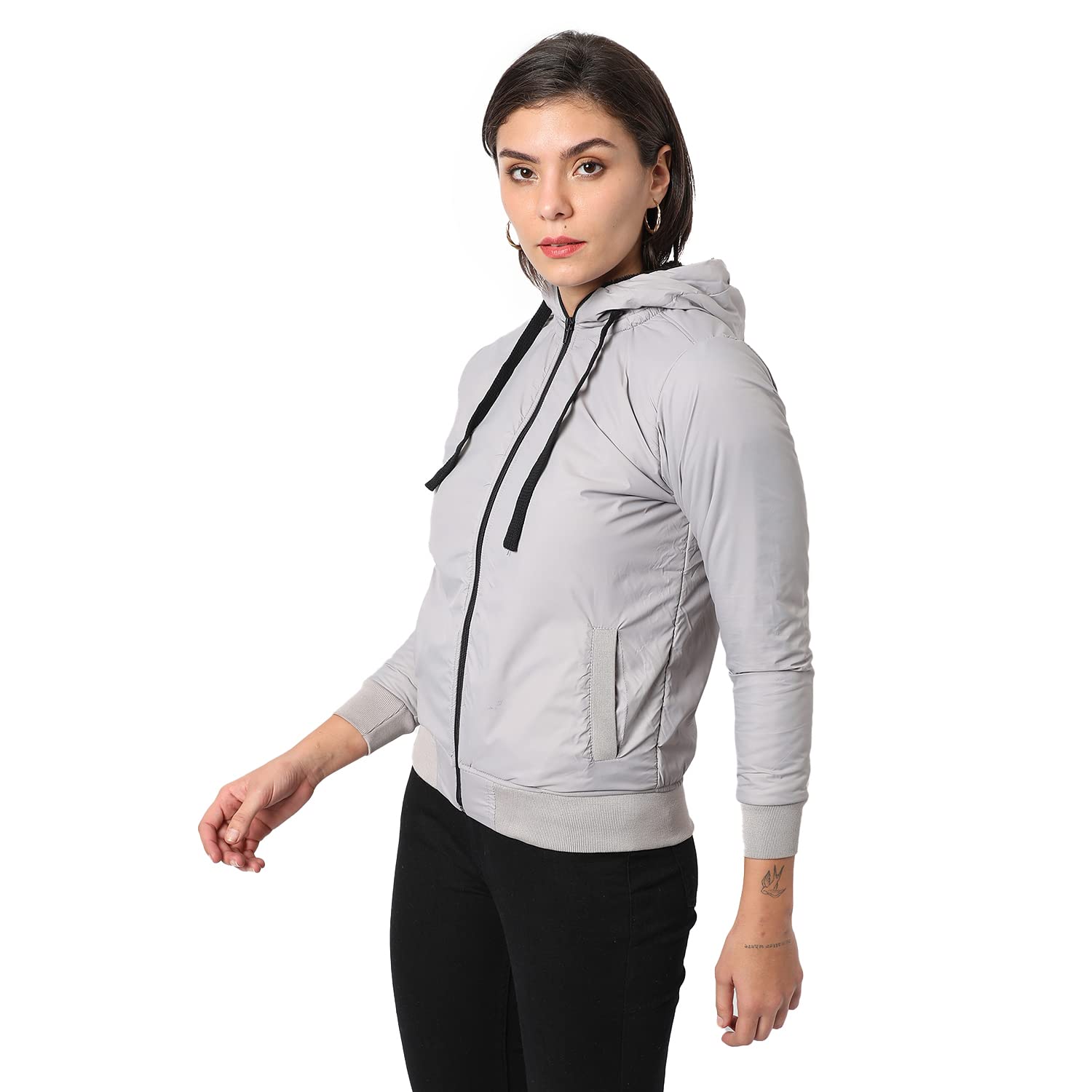 pinacolada Women's Grey Puffer Regular Fit Bomber Jacket For Winter Wear | Collar With Hoodie | Full Sleeve | Zipper | Casual Jacket For Woman & Girl | Western Stylish Jacket For Women-picture-29