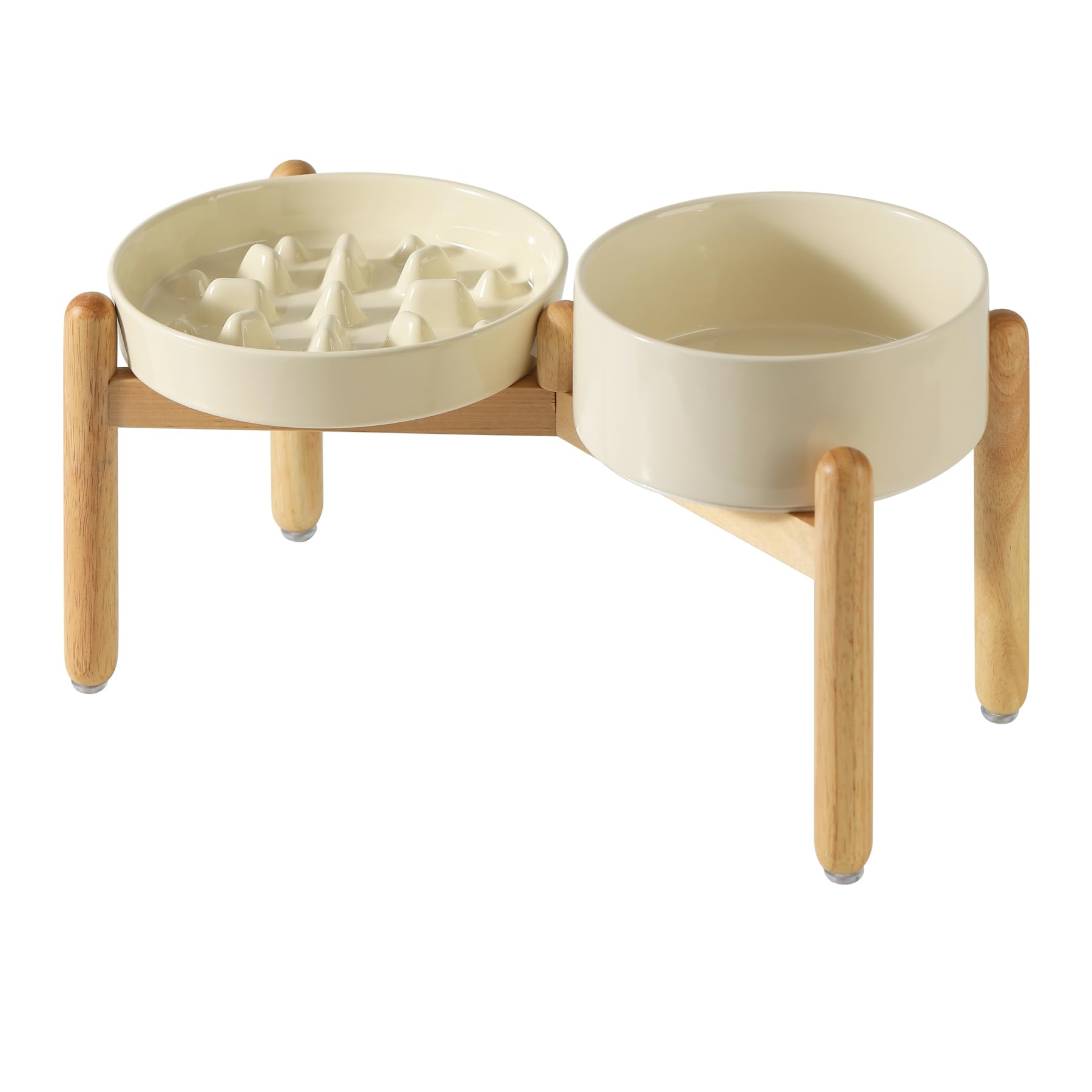 Havniva Ceramic Raised Slow Feeder Dog Bowl Set, Elevated 7.3inch Bowl and 8.2inch Slow Pet Food Dish with Wooden Stand for Medium and Large Dog (2 x