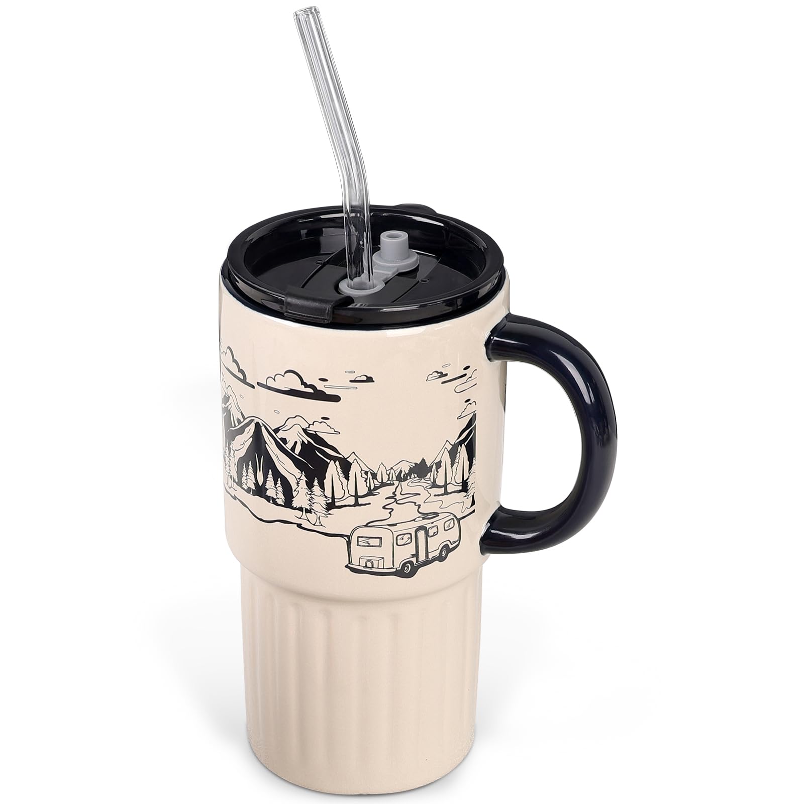 INGOFIN Ceramic Travel Coffeel Mug with Lid & Straw - Mug With Handle, Portable Coffee Cup for Car Cup Holder, Microwave and Dishwasher Safe, 23oz/656ml, Black and BeigeGlobal Recycled StandardGlobal Recycled StandardGlobal Recycled Standard