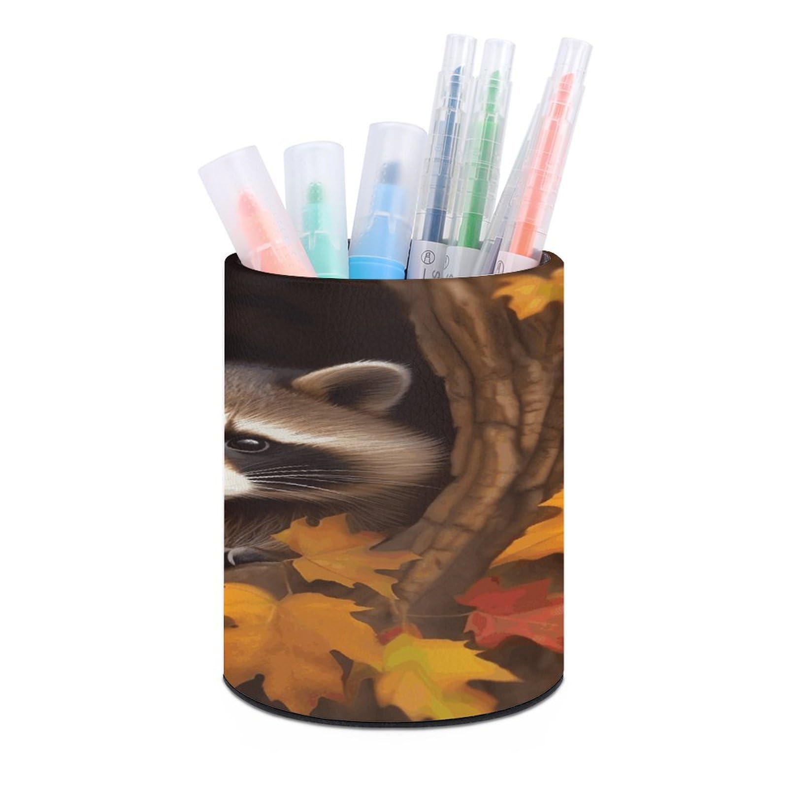 VstaDank Raccoon in The Fall Tree Hole Pen Holder Leather Pencil Cup Round Pencil Holder for Desk Organizer Personalized Pen Cup Fashion Pen Organizer Makeup Brush Holders for Office Home&Gift