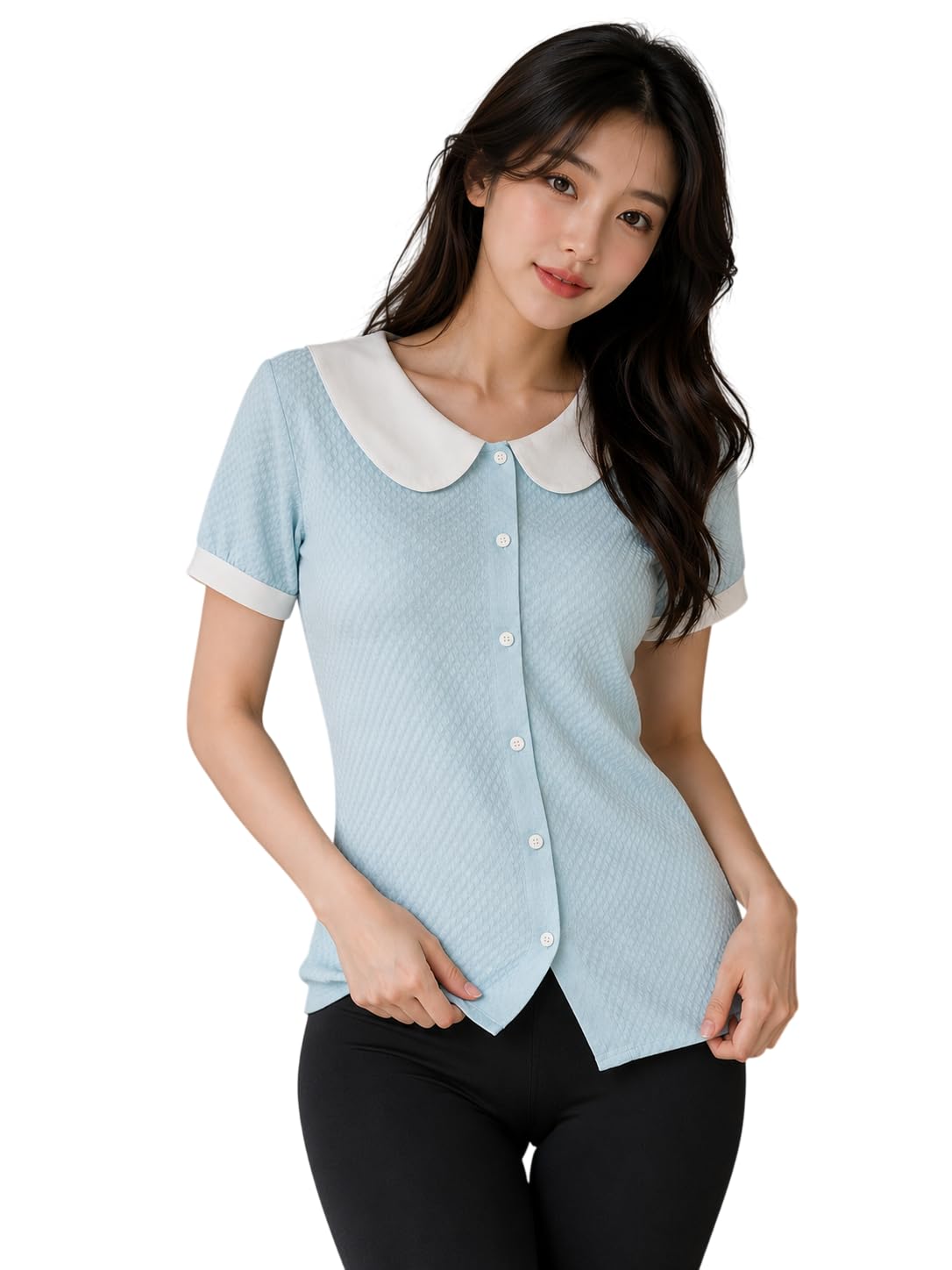 Ferry London Women's Solid Textured Casual Shirt | Peter Pan Collar Button Down Top | Short Puff Sleeve Loose Fit Shirt | Soft Lightweight Everyday Wear-picture-36