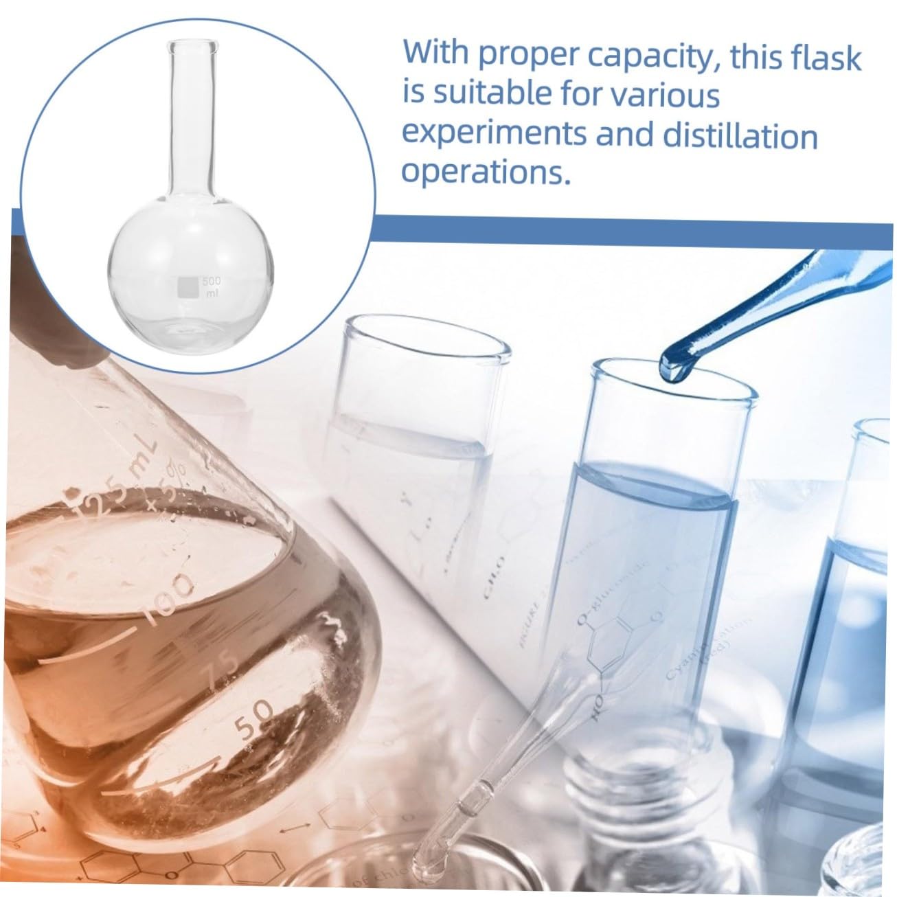 500ml Glass Flat Bottom Distillation Flask with Long Neck Borosilicate Chemistry Flask for Laboratory Experiments for Scientific Use