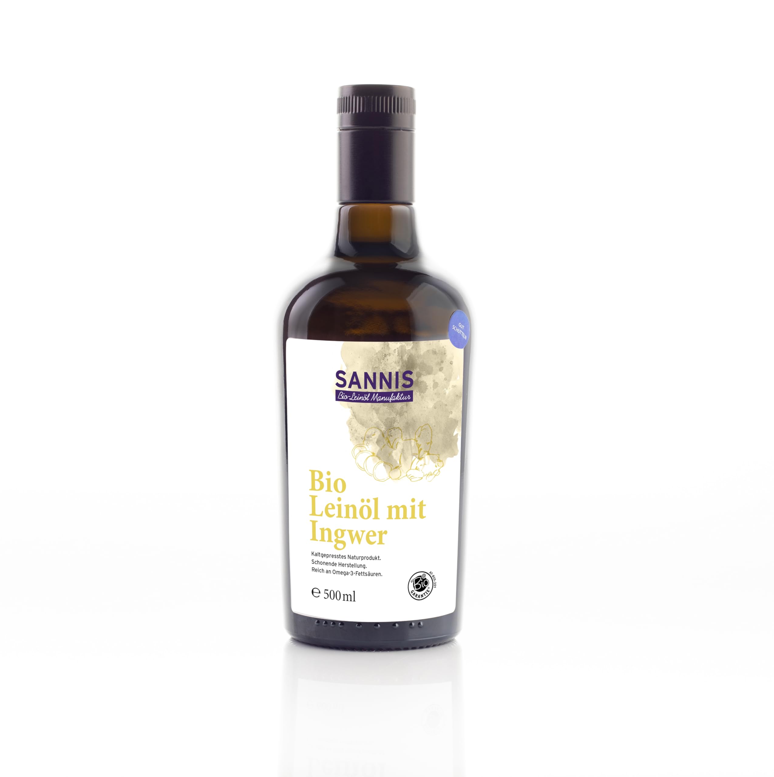 SANNIS Bio-Leinöl mit Ingwer 500 ml I Leinöl aus kontrolliert biologischem Anbau I kaltgepresst & ungefiltert I reich an Omega-3-Fettsäuren I nussig milder Geschmack für Salat, Nudeln & Kartoffeln
