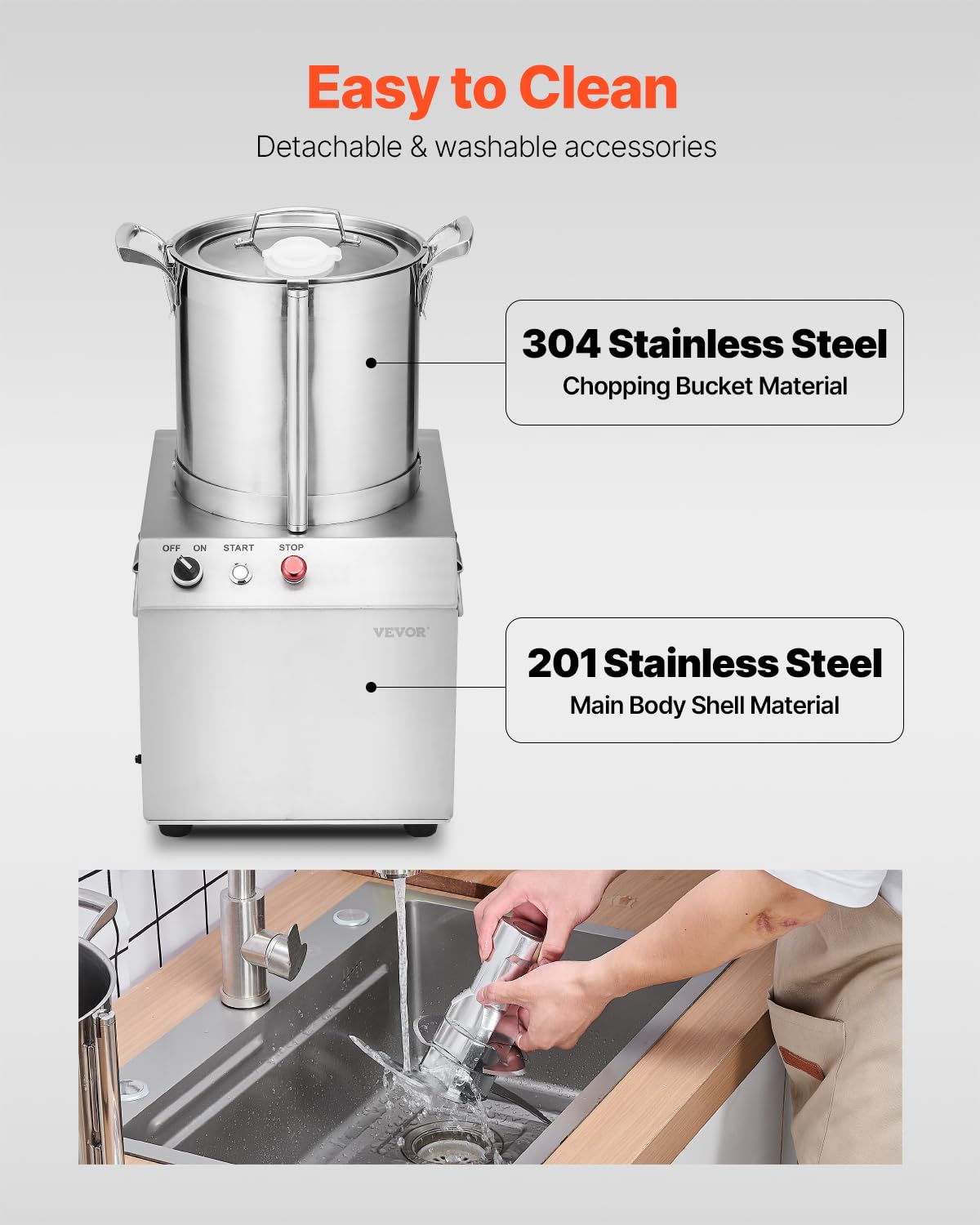 VEVOR Procesador de Alimentos y Picadora de Verduras, Acero Inoxidable de Grado Alimenticio 10 l con 2 Cuchillas Curvas S Adicionales, para Picar Verduras, Frutas, Granos y Nueces, 360 x 355 x 565 mm