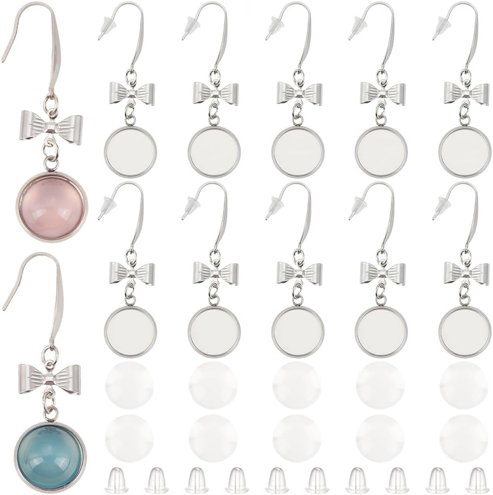 1 Box 60Pcs 20 Sets 12mm Stainless Steel Earring Blanks Bezel Tray Earrings with Glass Cabochons Ear Nuts Bow Dangle Ear Hooks Components Pendant Trays for Jewelry Making DIY Supplies Women
