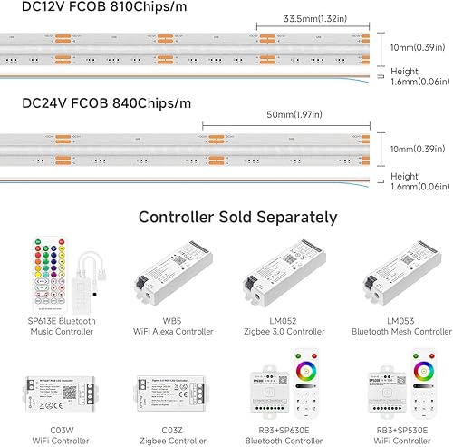 Miniatura 5 de BTF-LIGHTING Tira LED COB COB IP66 RGB de 16.4 pies DC24V 840LEDm que cambia de color, flexible, de alta densidad, luz uniforme de 0.394 in de ancho