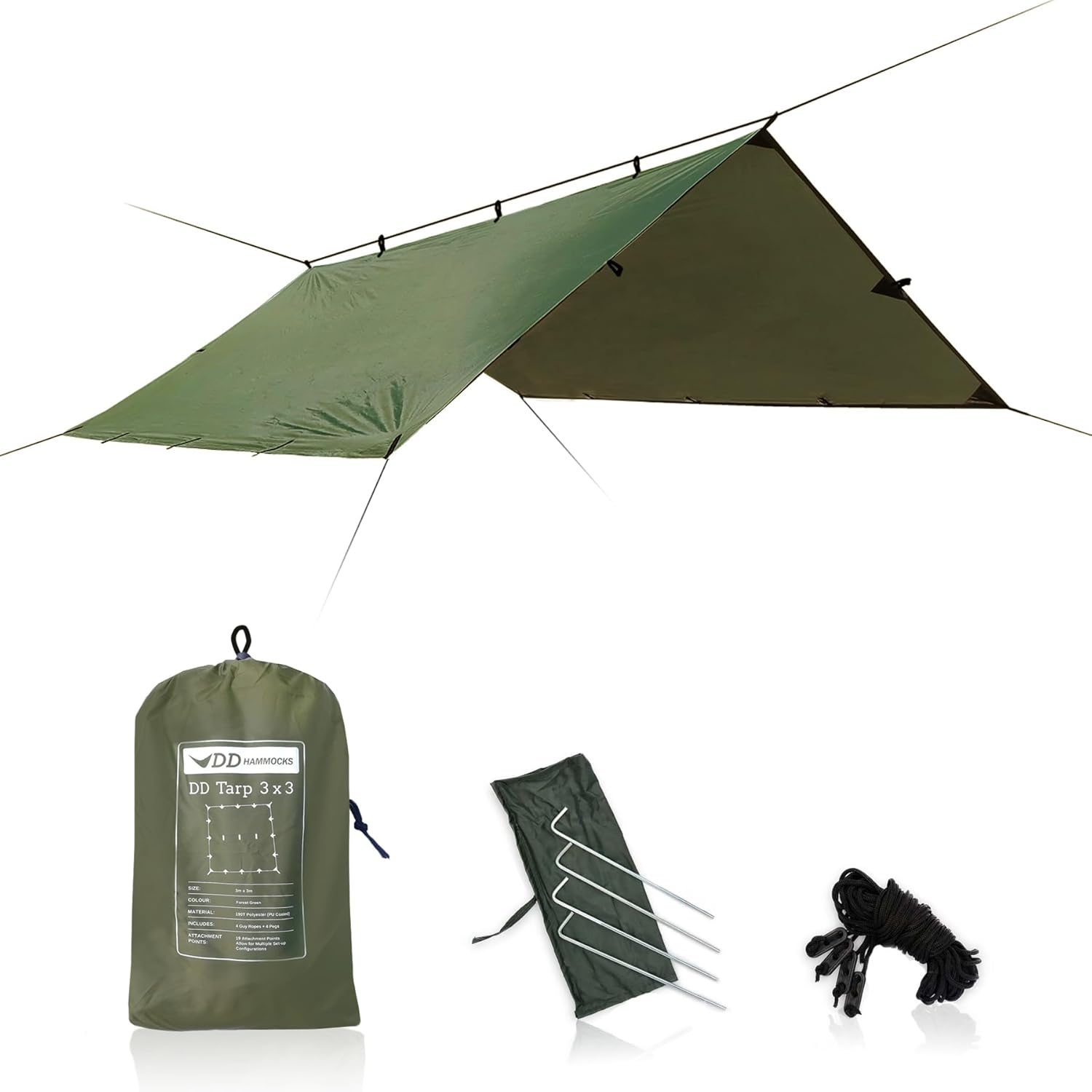 DD Hammocks 3×3 Tarp – Lightweight, Waterproof, Forest Green – Camping & Bushcraft