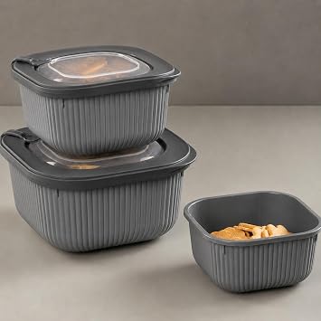 Vakumlu Silikon Kapaklı Plastik Saklama Kabı, 3.5 Litre, Mikrodalga ve Derin Dondurucu İçin Sefer Tası, Gıda Depolama Kutusu, BPA İçermez (600/1100/1800 ml) (Antrasit, Kare)