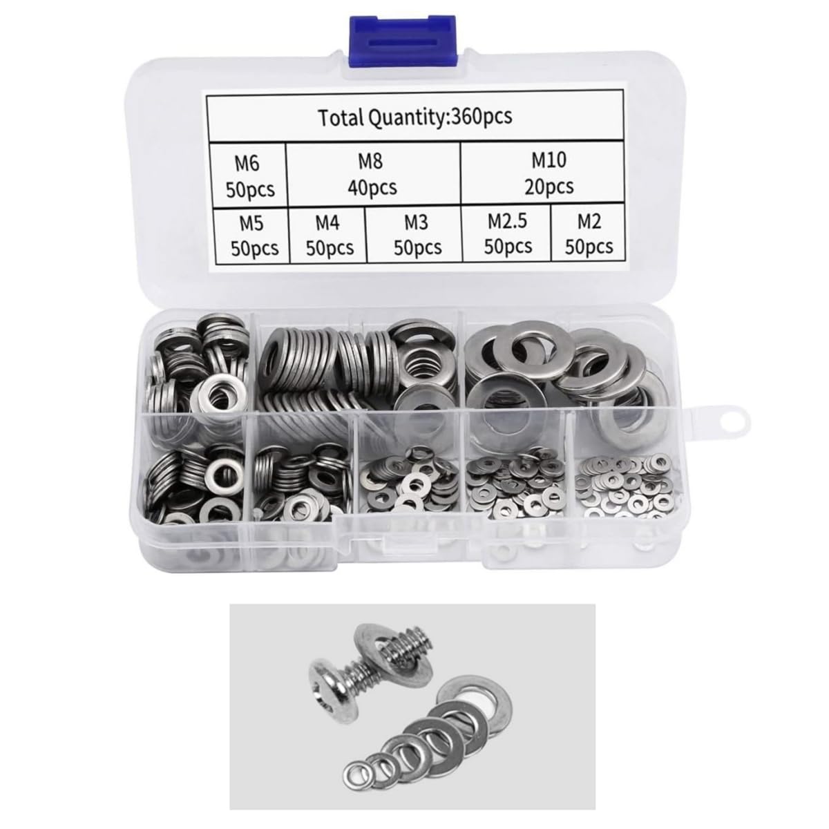 360 Pcs Flat Washers Assortment Kit,304 Stainless Steel, 8 Metric Sizes (M2、M2.5、M3、M4、M5、M6、M8、M10), Metal Washers for Screws and Bolts,Ideal for Automotive, Construction, Industrial, and DIY Use