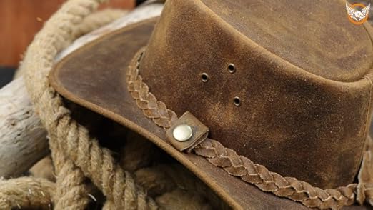 Chapeau Cowboy Cuir Vache Véritable - Style Western Cavalier - Taille Ajustable 55-60cm - Neuf